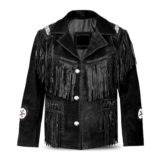 Western Black Suede Leather Fringe Beaded Jacket LWJ371