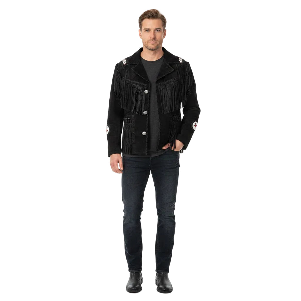 Man wearing a black fringed jacket on a white background