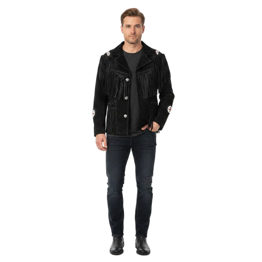 Man wearing a black fringed jacket on a white background