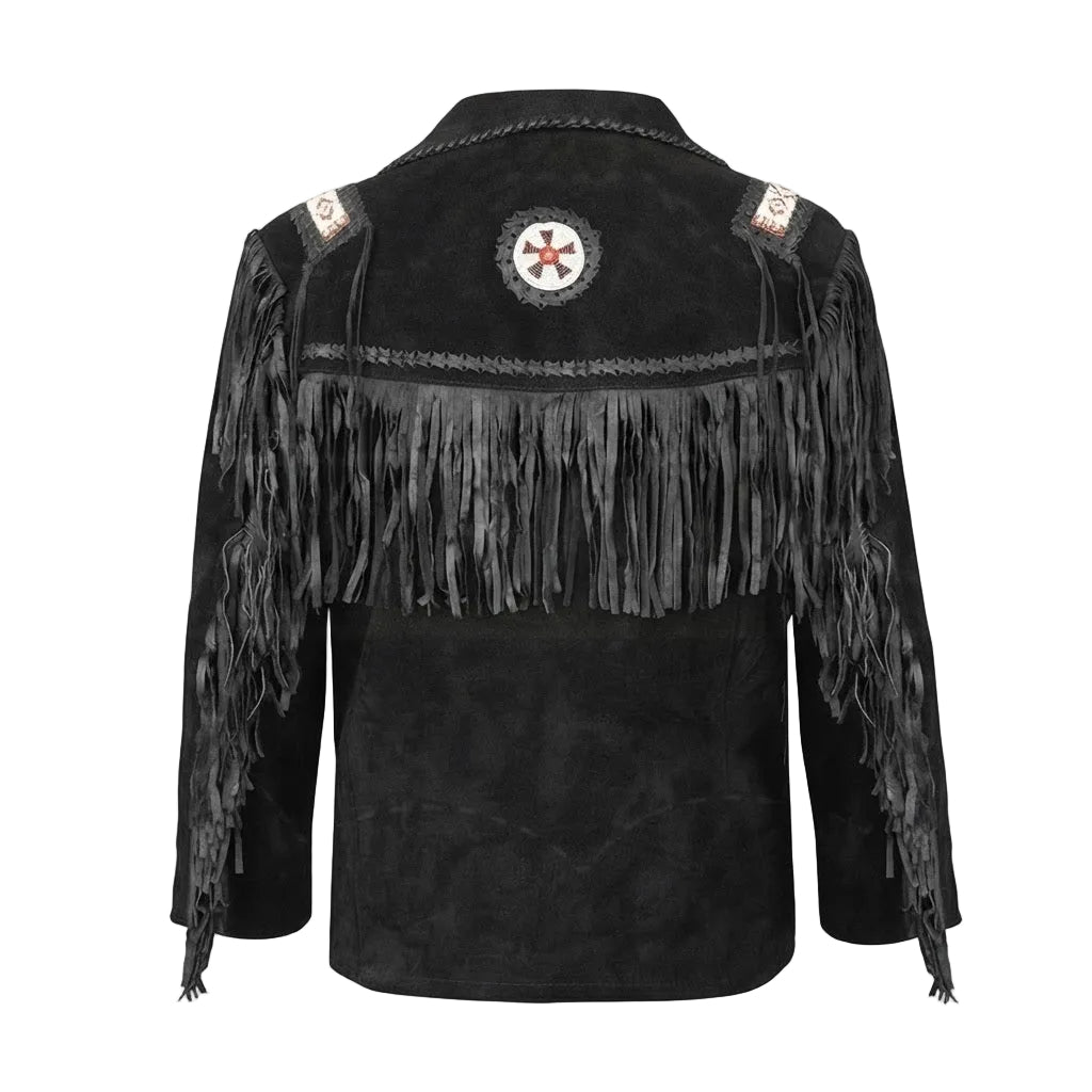 A black suede leather beaded jacket with fringes on a white background