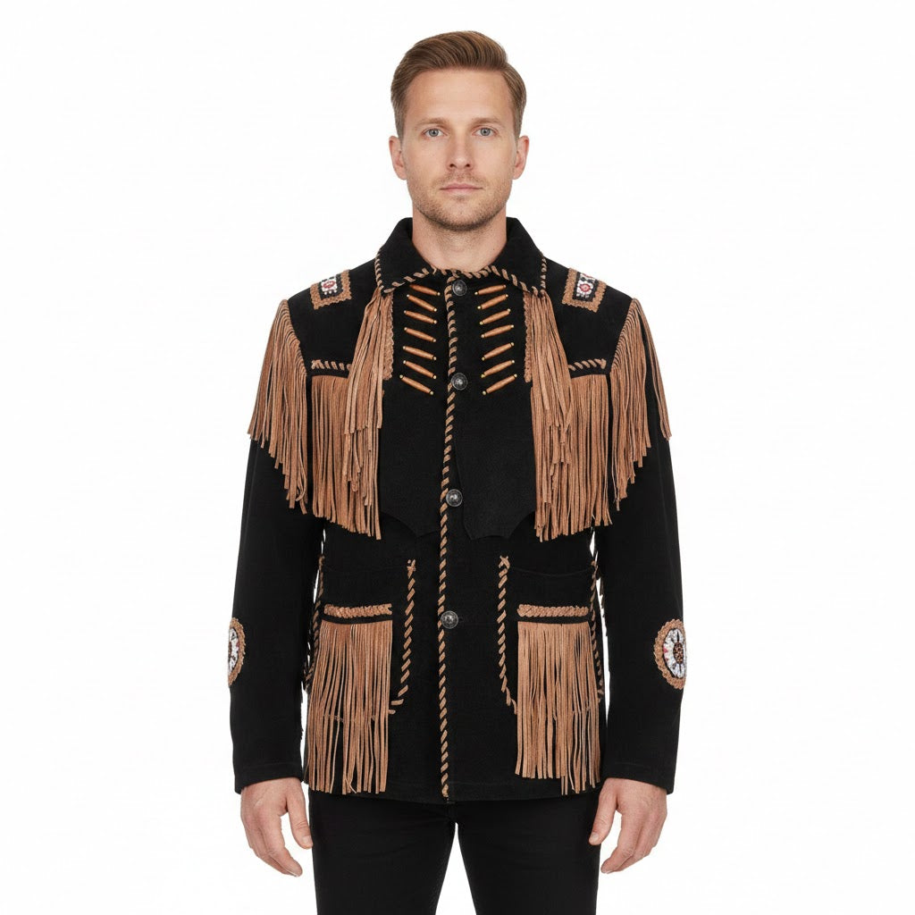 Man wearing a black and brown fringed jacket on a white background
