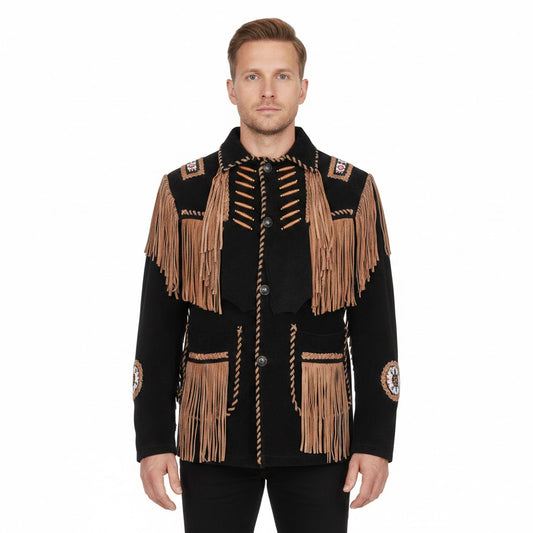 Man wearing a black and brown fringed jacket on a white background