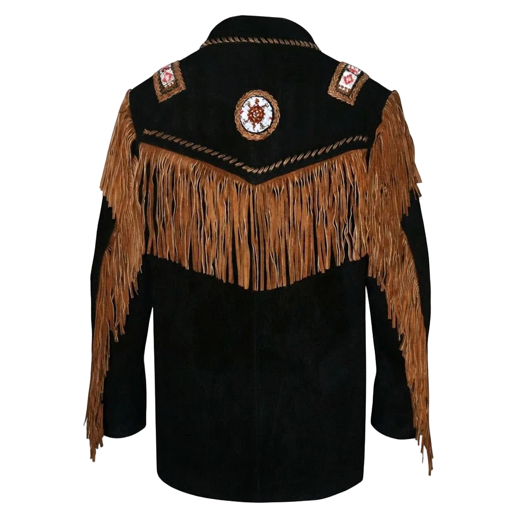 Black suede fringe jacket with tan leather fringe, decorative beadwork, and embroidered shoulder patches, shown from the back on a white background.