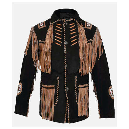 Western Black Fringe Beaded Suede Leather Jacket Cowboy Jacket LWJ3720