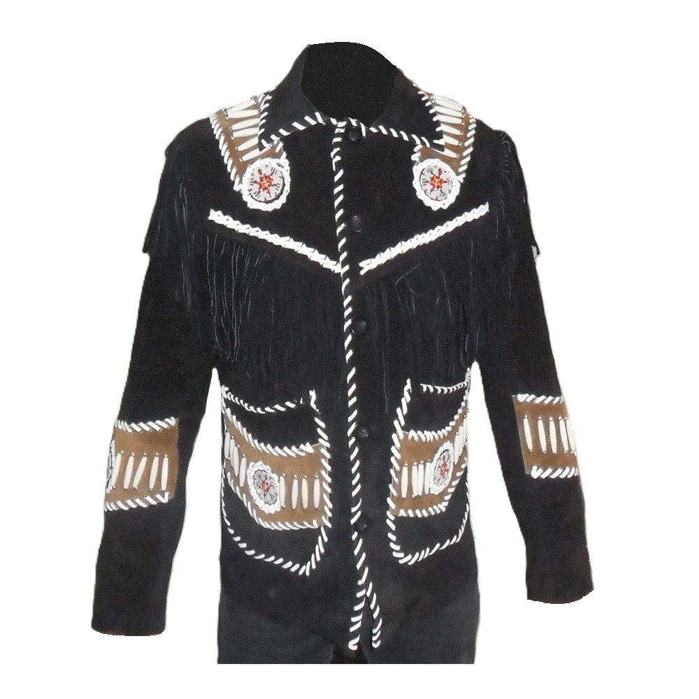 Western Black Fringe Bone Beaded Suede Leather Jacket LWJ3850