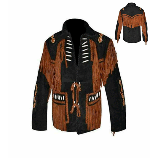 Western Black Fringe Beaded Suede Leather Jacket Cowboy Jacket LWJ3730