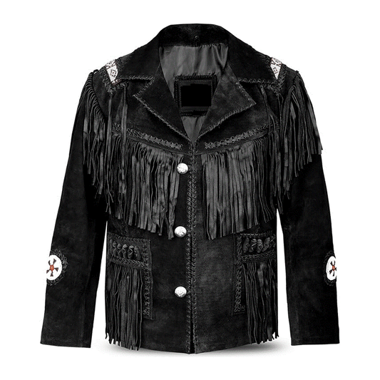 Western Black Suede Leather Fringe Beaded Jacket Cowboy Jacket LWJ371