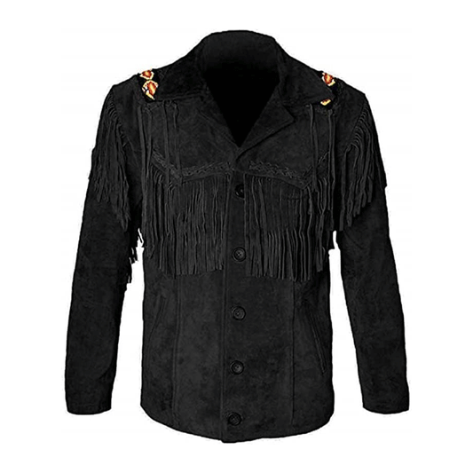 Western Black Suede Leather  Fringe Beaded Jacket LWJ362