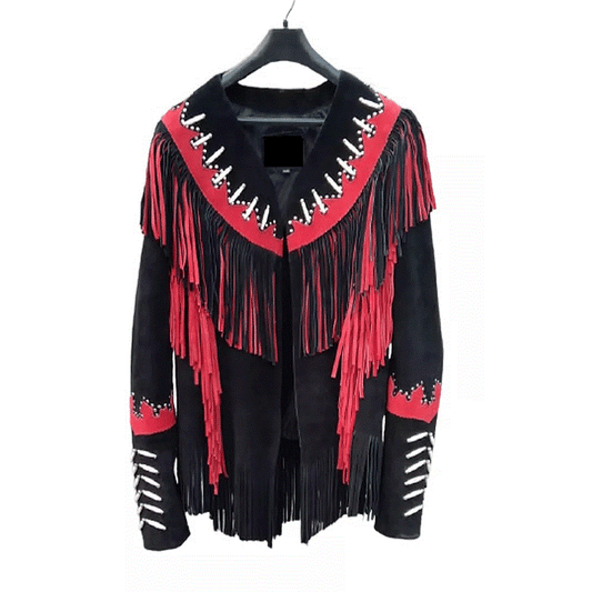 black and red suede jacket with bones and stud work