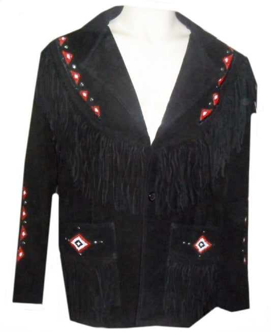 Western Black Suede Leather Fringe Beaded Jacket Cowboy Jacket LWJ375