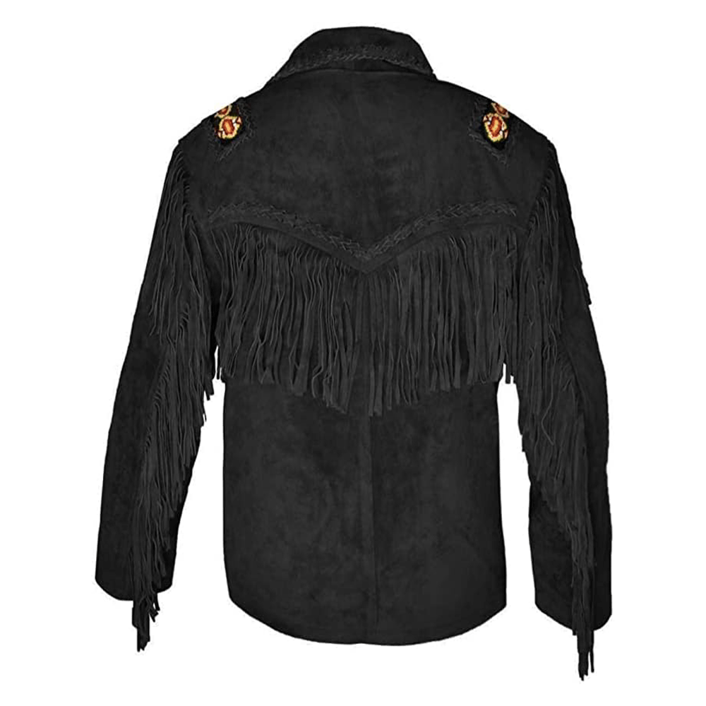 Western Black Suede Leather  Fringe Beaded Jacket LWJ362