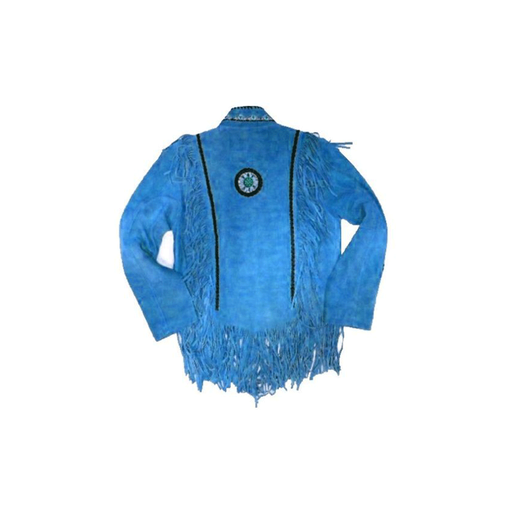 Western Blue Suede Leather Fringe Beaded Leather Jacket LWJ701