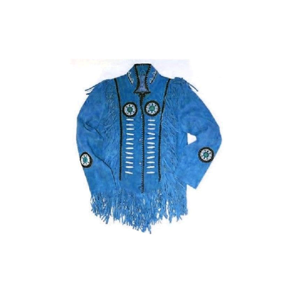 Western Blue Suede Leather Fringe Beaded Leather Jacket LWJ701