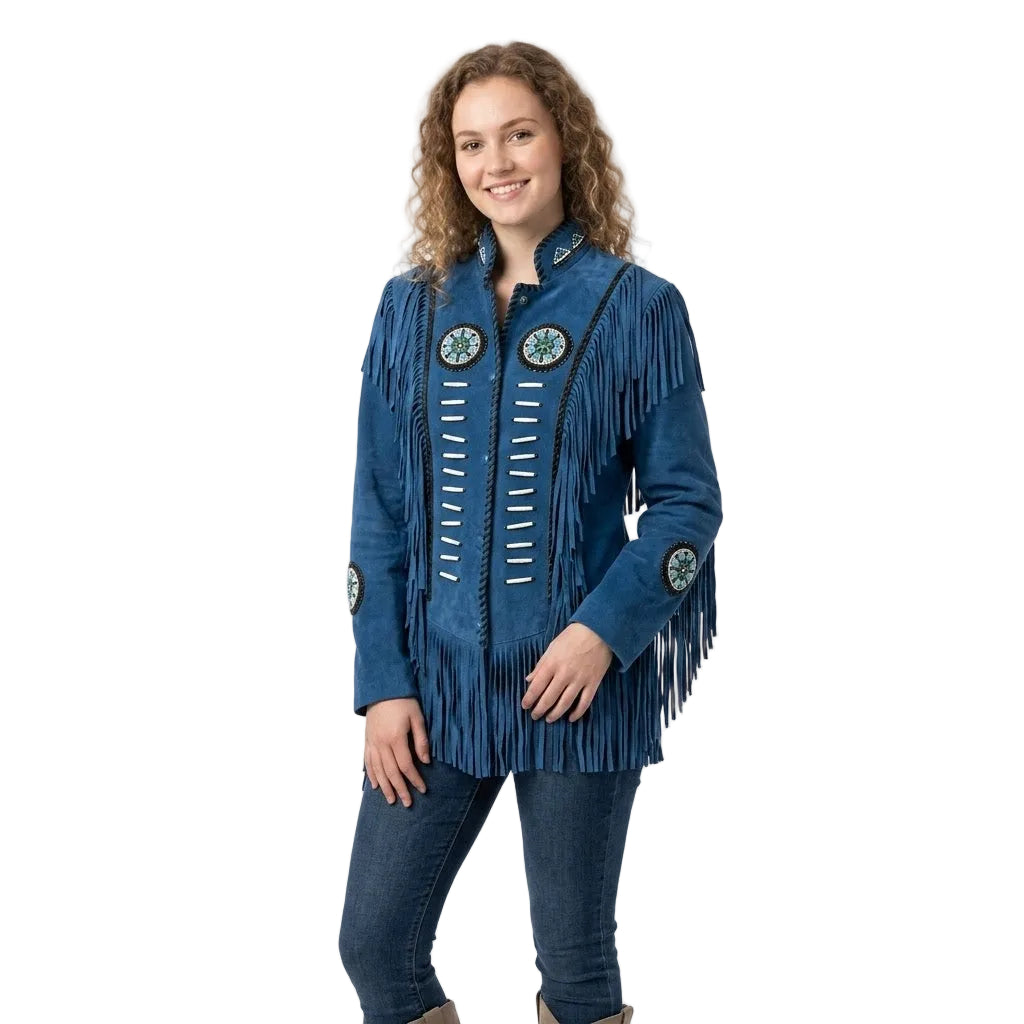 Woman wearing a blue fringed jacket with decorative elements on a white background