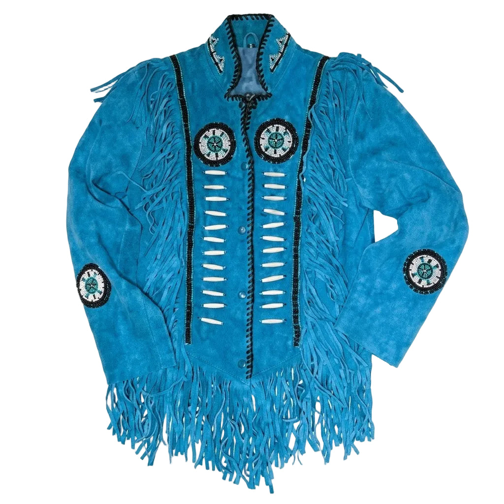 Blue fringed jacket with decorative elements on a white background