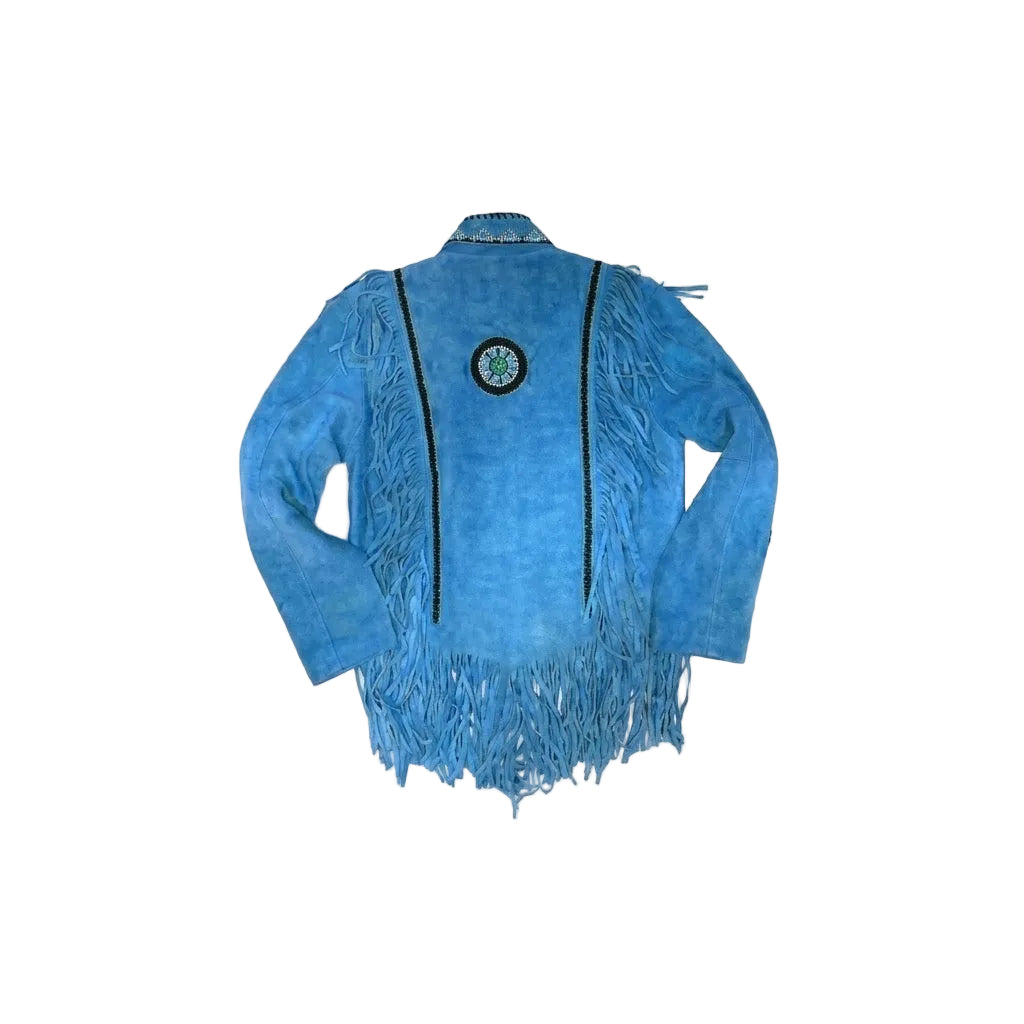 Blue fringed jacket with a circular emblem on a white background