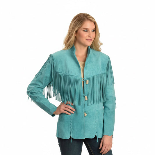 Woman wearing a turquoise fringed jacket on a white background
