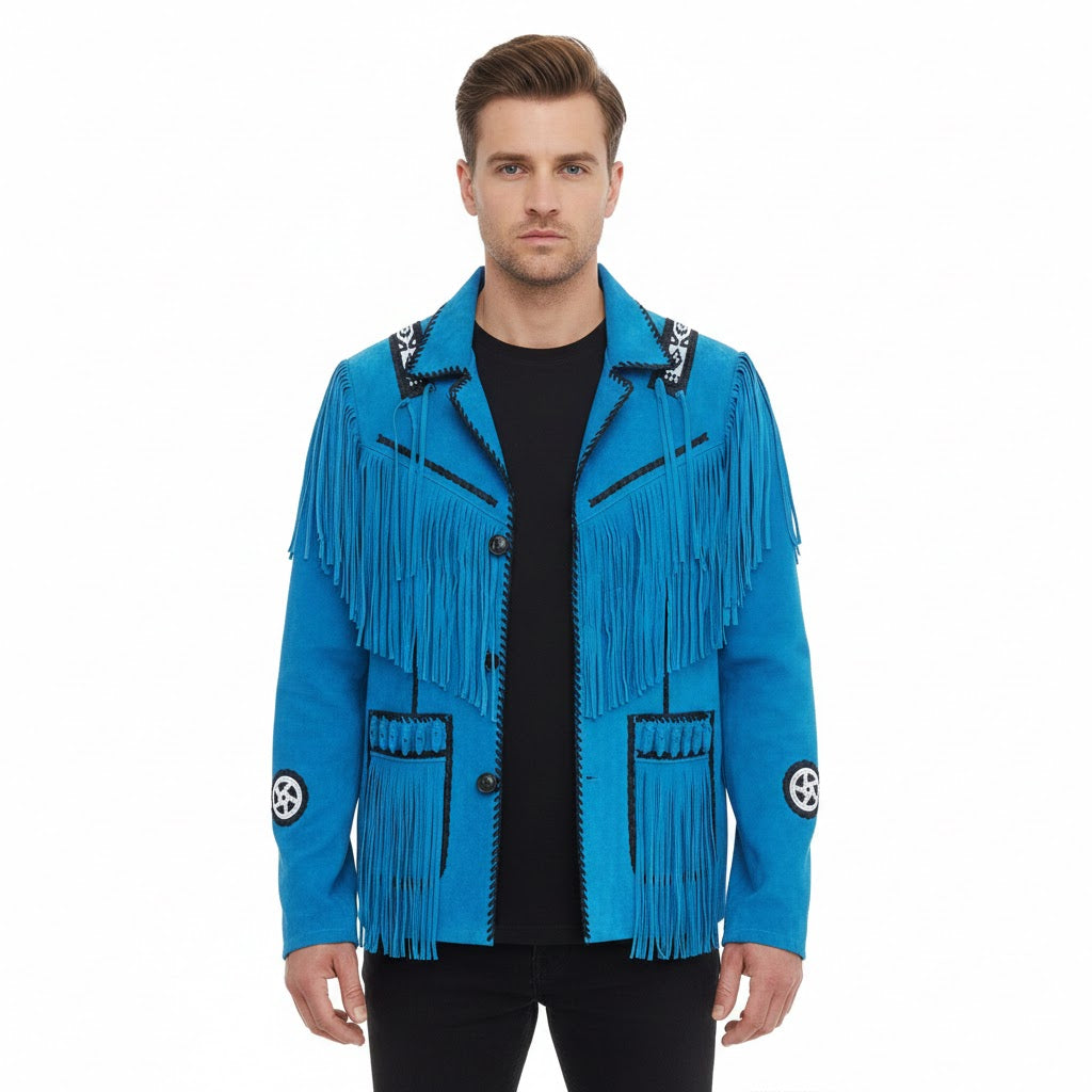Man wearing a blue fringed jacket on a white background