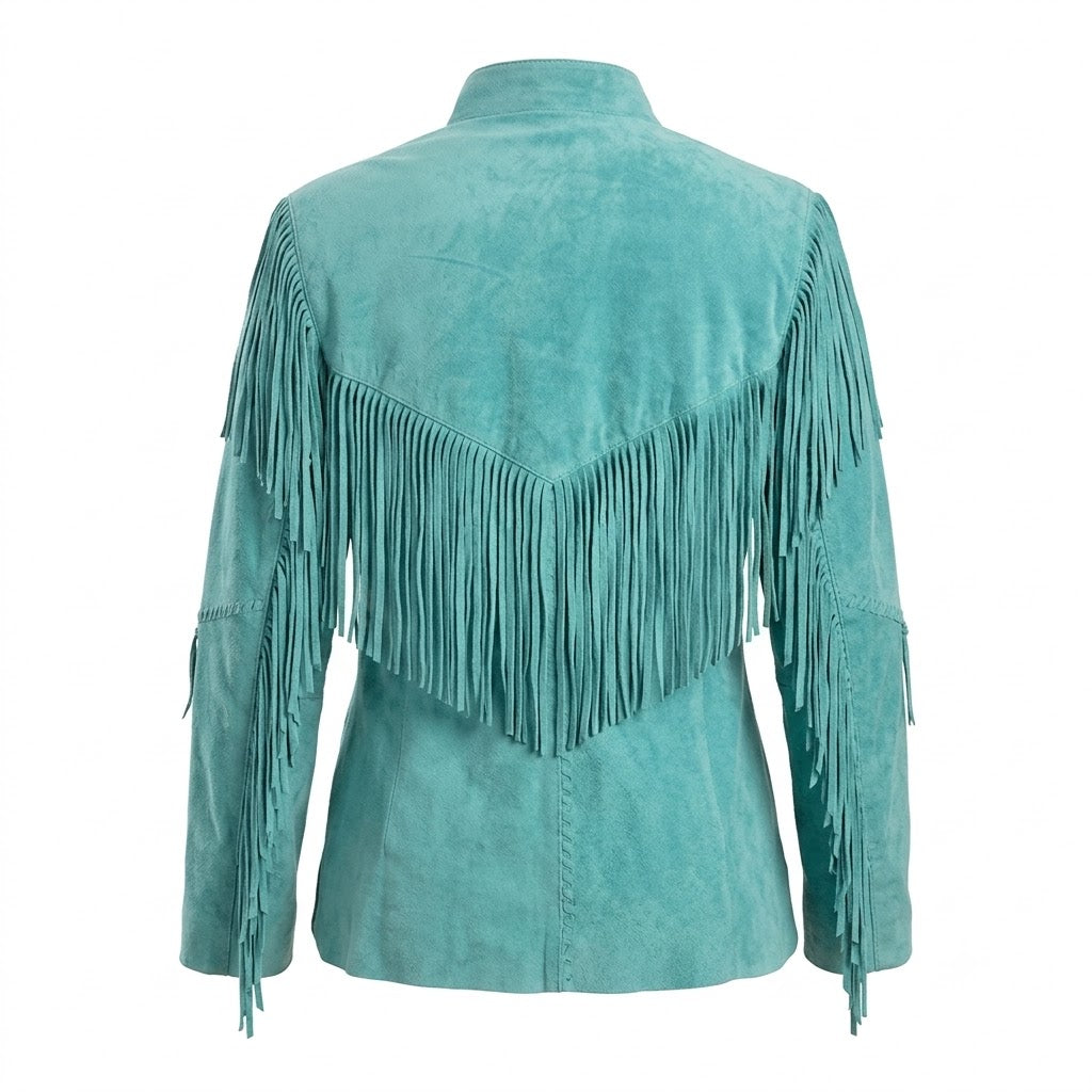 Teal jacket with fringe details on a white background