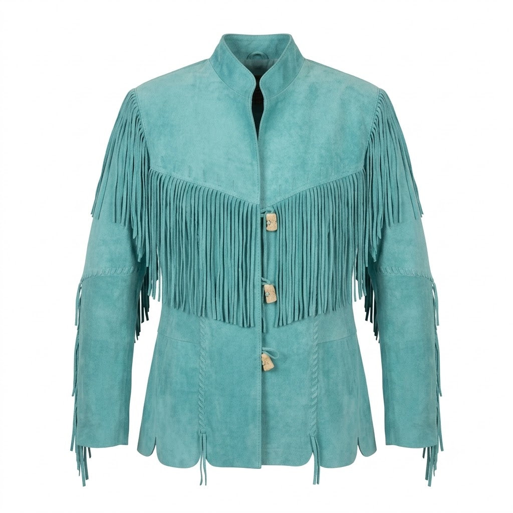 Teal fringed jacket on a white background