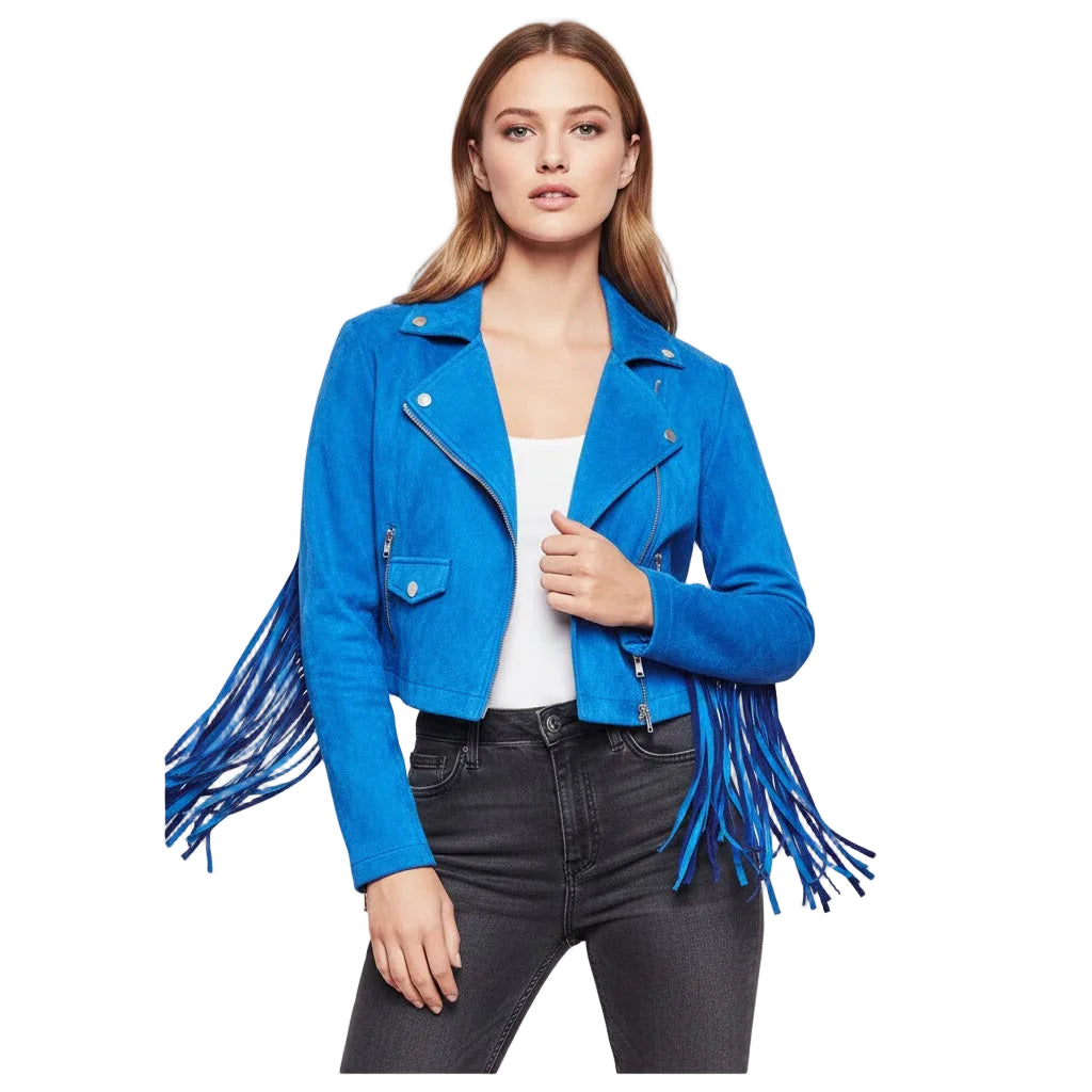 Woman wearing a blue fringed jacket on a white background