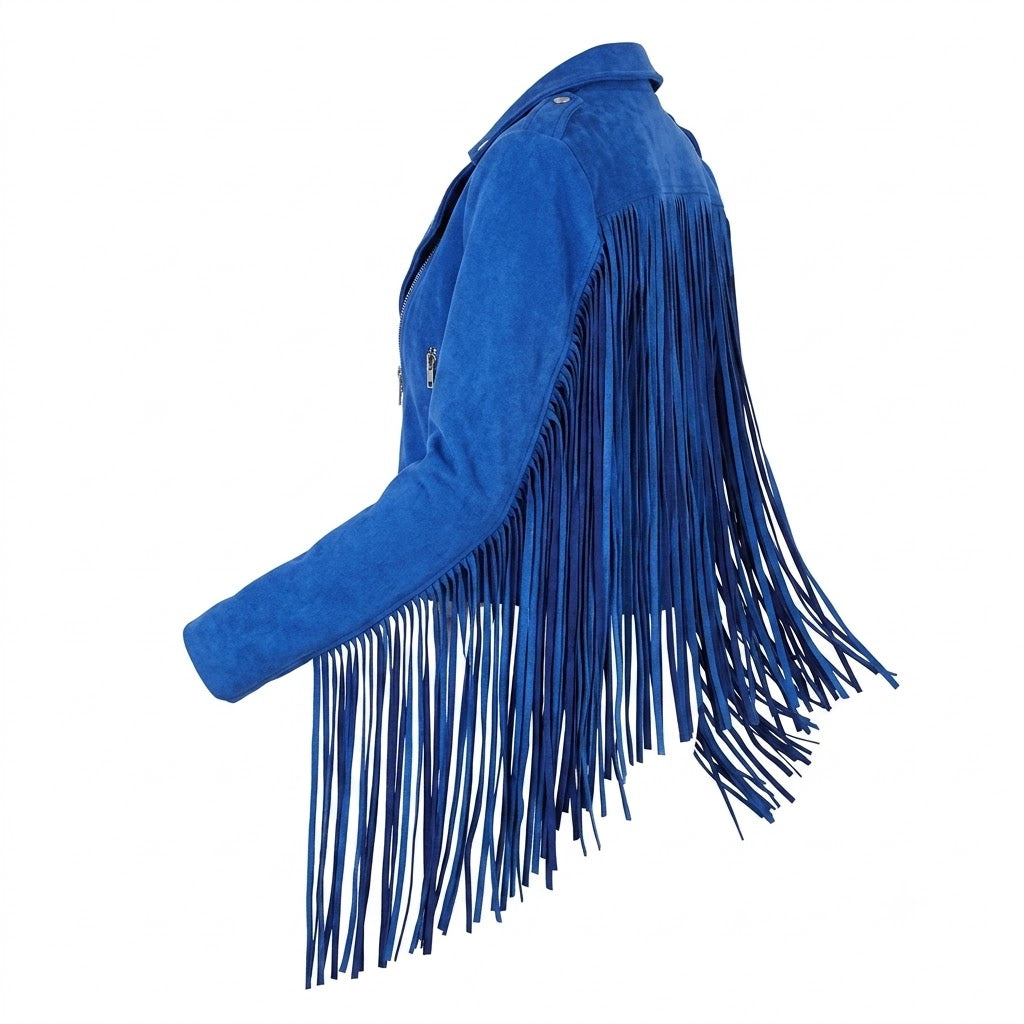 Blue suede jacket with fringe details on a white background