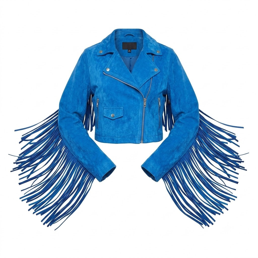 Blue suede jacket with fringes on a white background