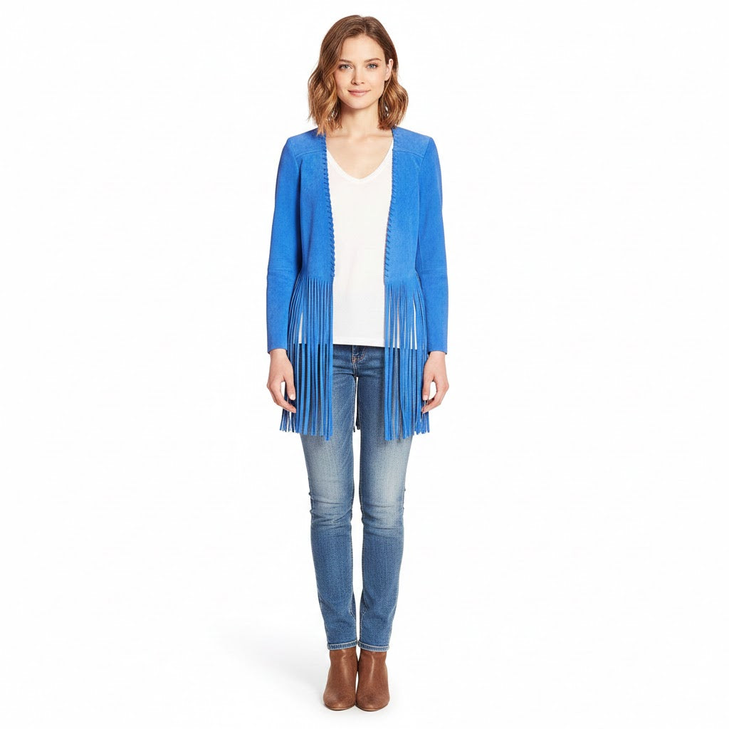 Woman wearing a blue fringe Jacket, white top, and jeans on a white background