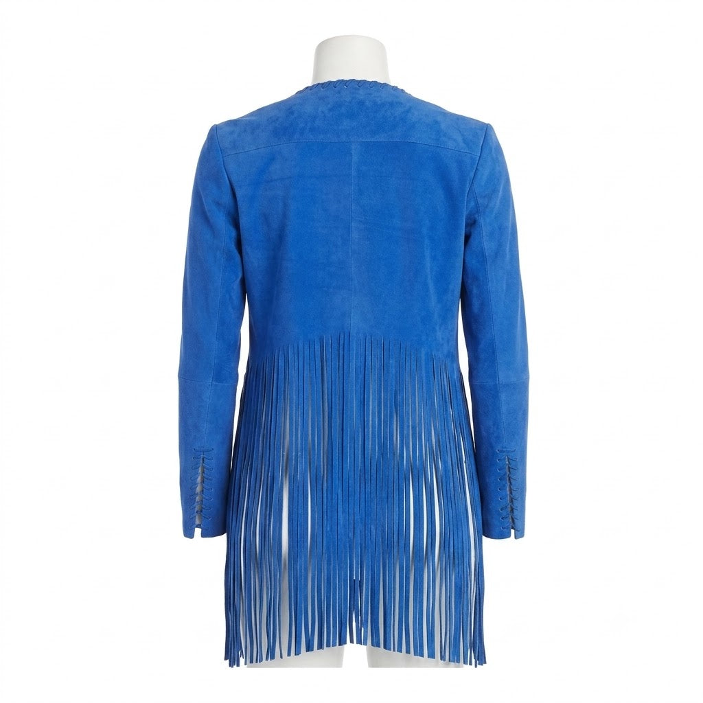 Blue fringe jacket on a mannequin against a white background