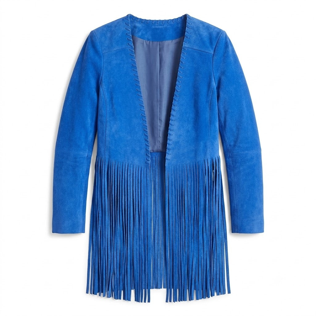 Blue suede fringe jacket on a white background