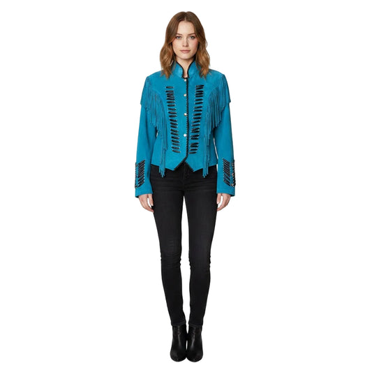 Woman wearing a Blue jacket with fringe details on a white background