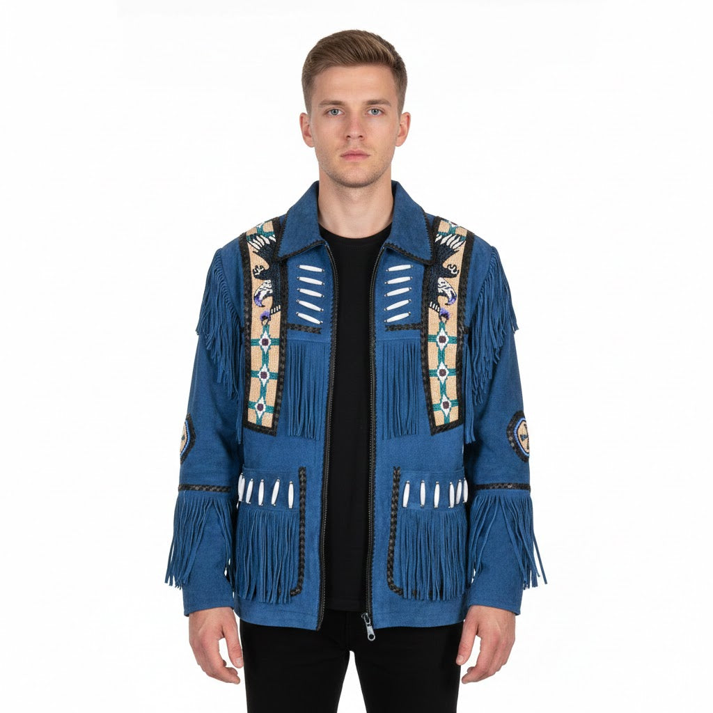 Man wearing a blue fringed jacket with decorative elements on a white background
