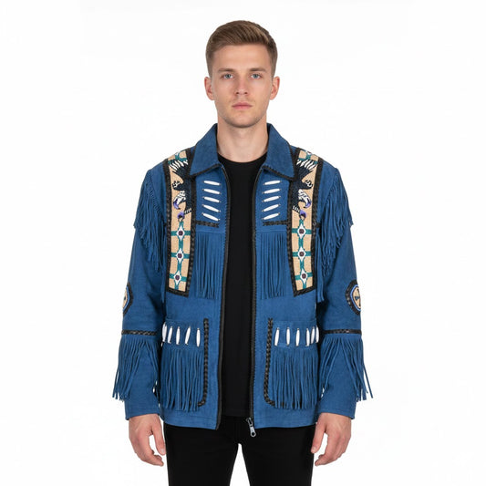 Man wearing a blue fringed jacket with decorative elements on a white background
