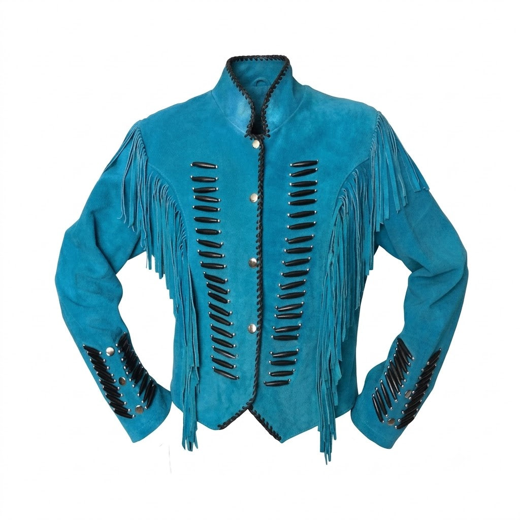 Turquoise leather jacket with fringe and studs on a white background