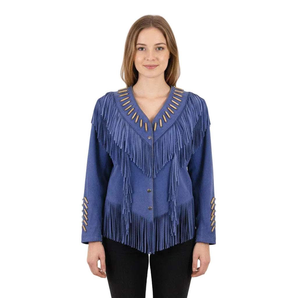Woman wearing a blue fringed jacket on a white background