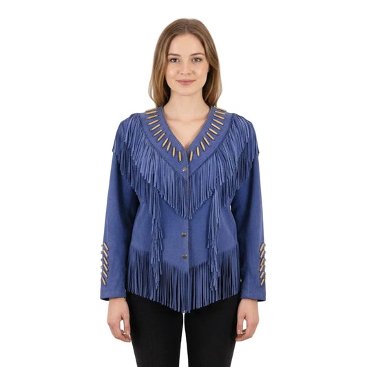 Woman wearing a blue fringed jacket on a white background