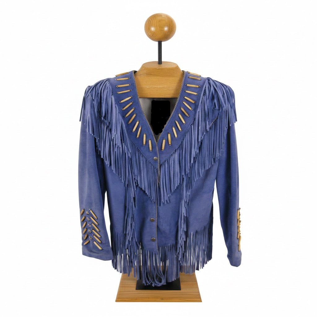 Blue fringed jacket on a mannequin against a white background