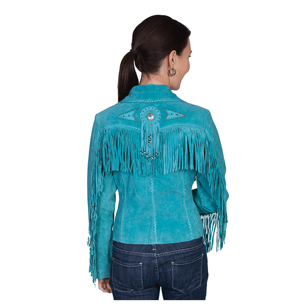 Woman wearing a Blue fringed jacket on a white background