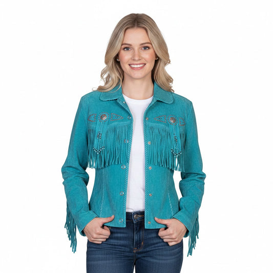 Woman wearing a Blue fringed jacket on a white background