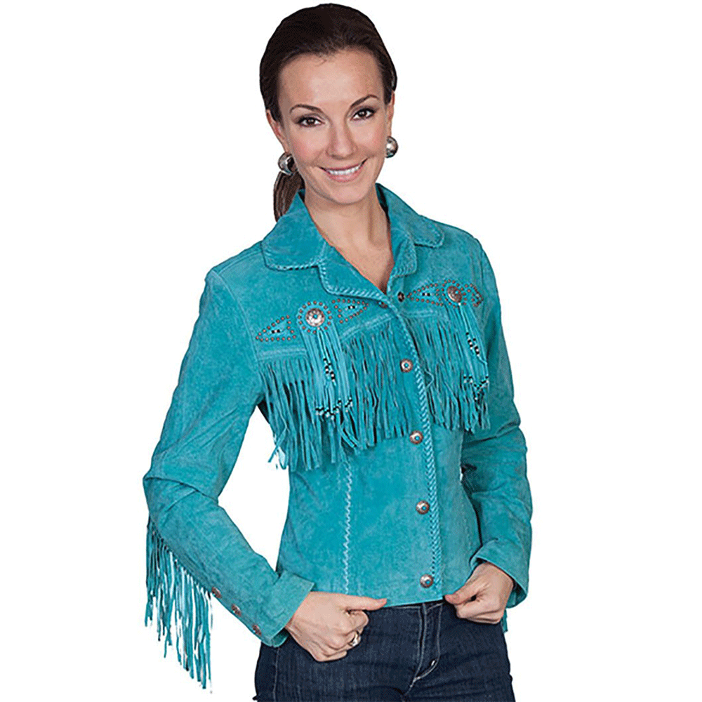 Woman wearing a Blue fringed jacket on a white background