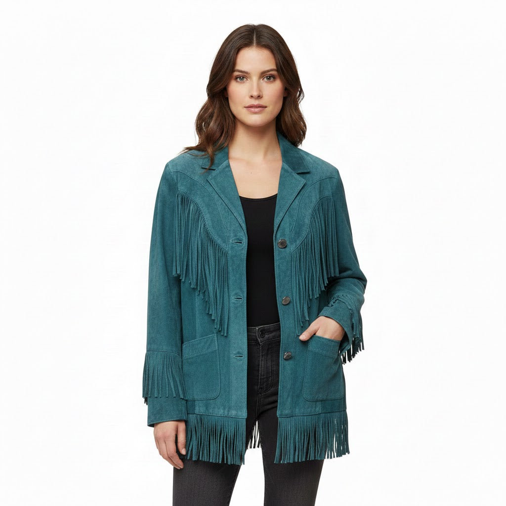 Woman wearing a Blue fringed jacket on a white background