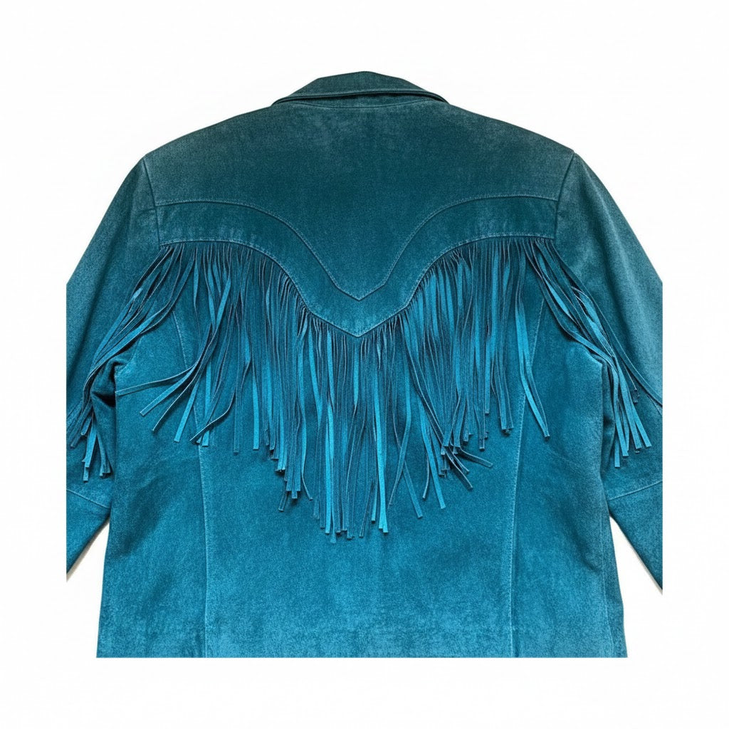 Blue suede jacket with fringe details on a white background