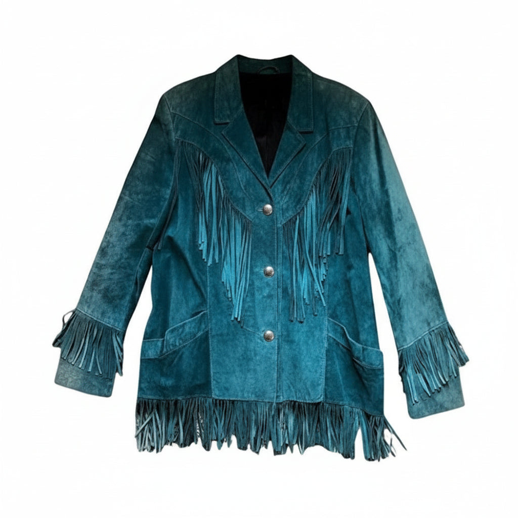 Teal suede jacket with fringes on a white background