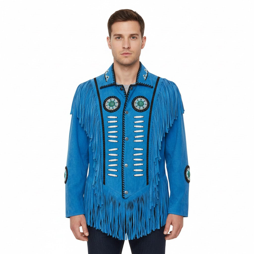 Man wearing a blue fringed jacket with decorative elements on a white background
