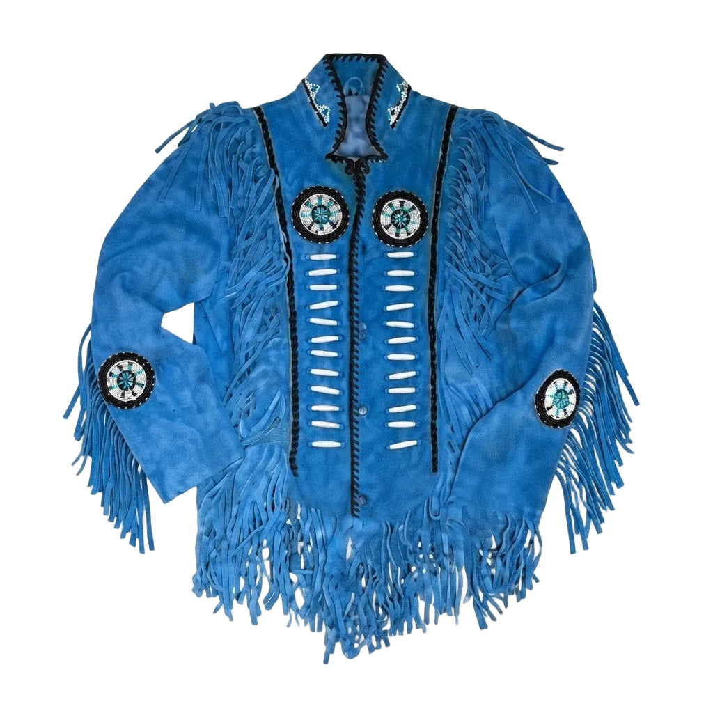 A bright blue suede fringe jacket with black braided trim, white beadwork, and circular turquoise-style medallions on the chest and sleeves, shown on a plain white background.
