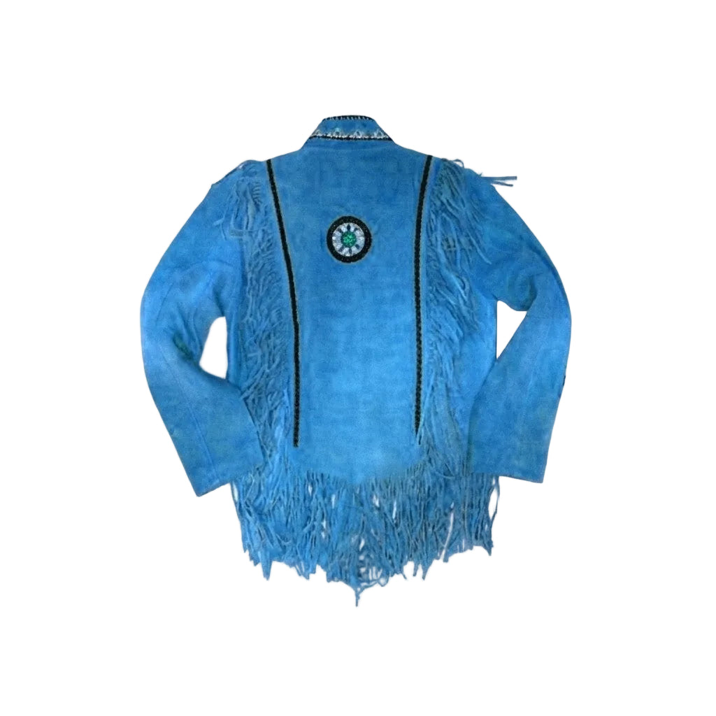 A blue suede fringe jacket with black trim and a circular green and white emblem on the back, displayed against a plain white background.