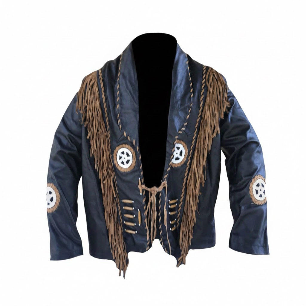 Blue leather jacket with brown fringes and decorative elements on a white background