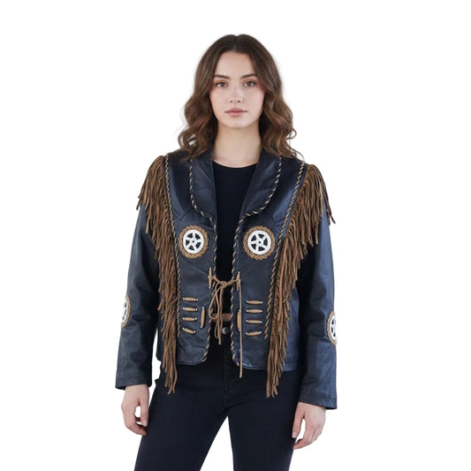 Woman wearing a dark blue leather jacket with fringes and star designs on a white background