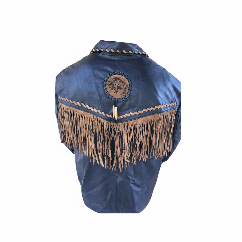 Blue leather Jacket with fringes and a bull emblem on a white background