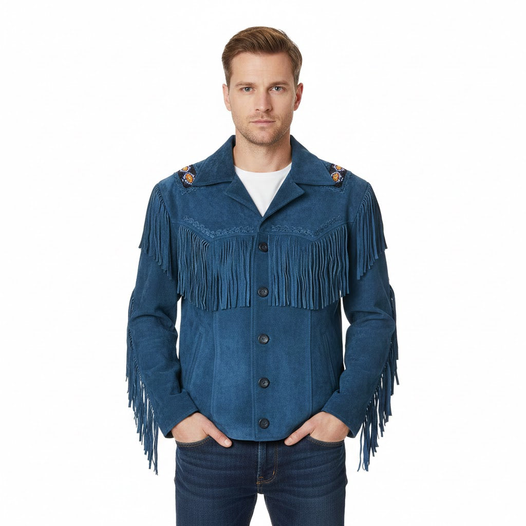 Man wearing a blue fringed jacket on a white background